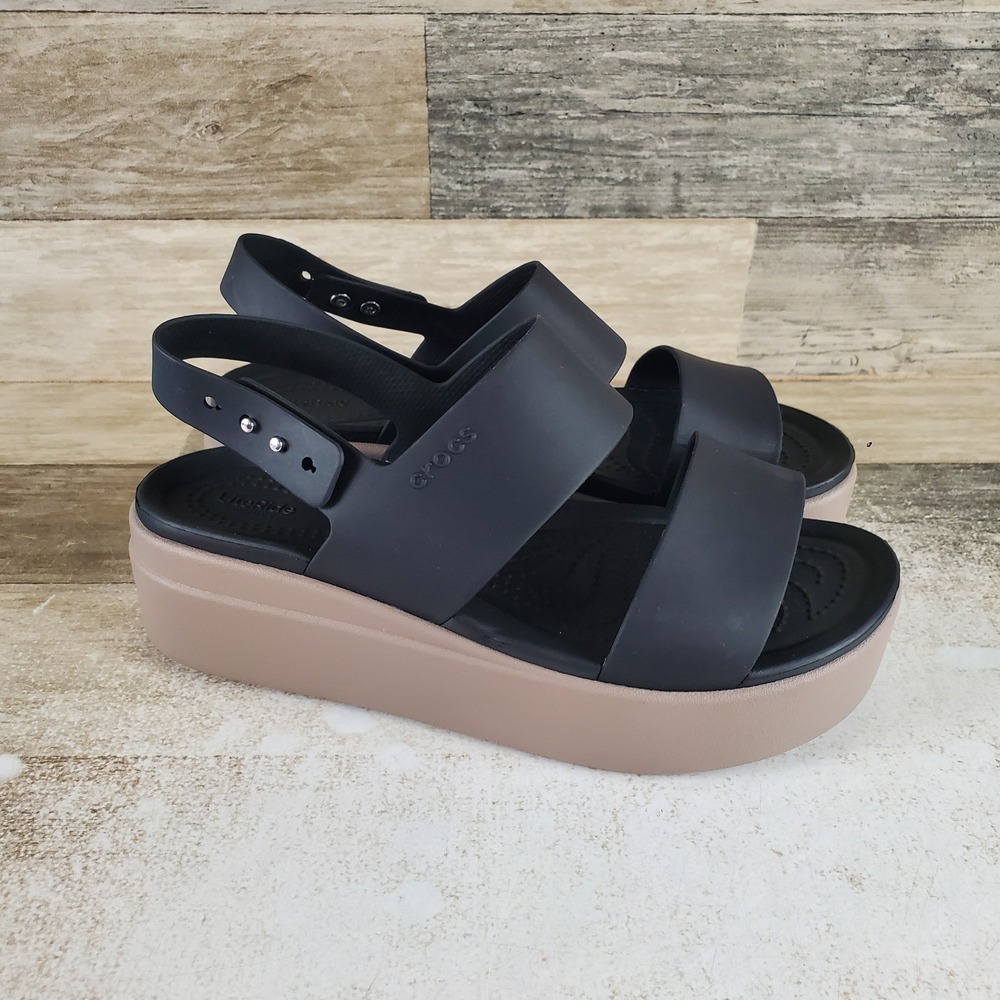 Crocs Brooklyn Low Wedge Womens Sandal Sz 7 Black Mushroom Adjustable Heel Strap